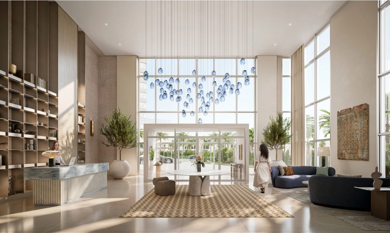 Lounge space filled with natural light and elegant neutral tones